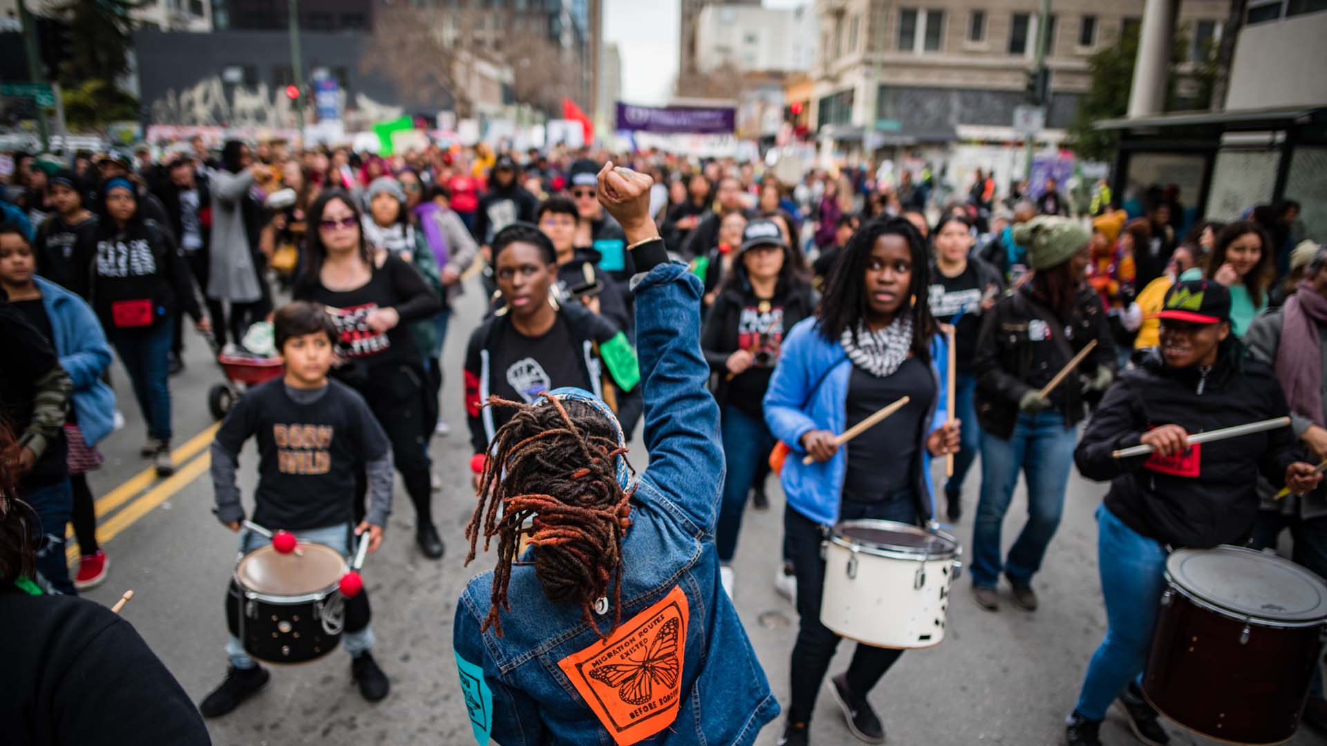 People playing drums at a protest